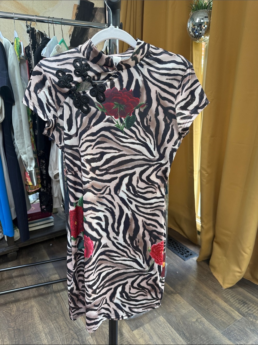 Zebra Print Short Sleeve Dress with Red Rose Appliqué